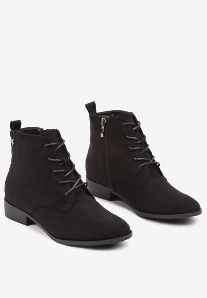 Czarne Wiązane Botki na Płaskiej Podeszwie Erithara