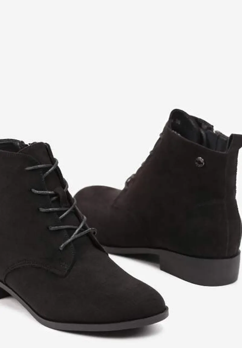 Czarne Wiązane Botki na Płaskiej Podeszwie Erithara