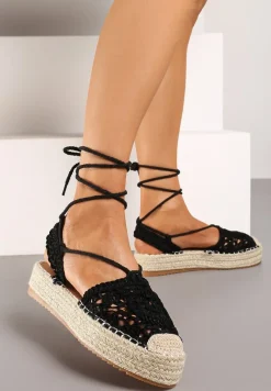 Czarne Wiązane Espadryle Ażurowe na Plecionej Podeszwie Talea