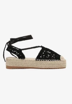Czarne Wiązane Espadryle Ażurowe na Plecionej Podeszwie Talea