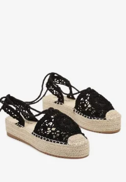 Czarne Wiązane Espadryle Ażurowe na Plecionej Podeszwie Talea