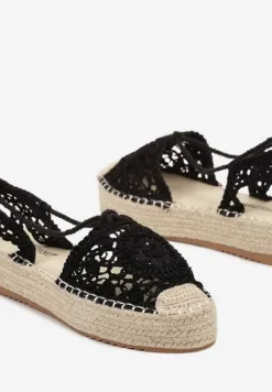 Czarne Wiązane Espadryle Ażurowe na Plecionej Podeszwie Talea