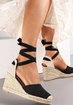 Czarne Wiązane Sandały Espadryle na Wysokim Koturnie z Plecionką Perselia