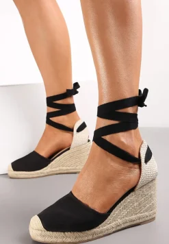 Czarne Wiązane Sandały Espadryle na Wysokim Koturnie z Plecionką Perselia
