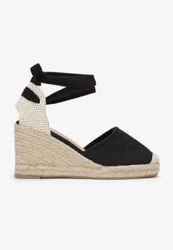 Czarne Wiązane Sandały Espadryle na Wysokim Koturnie z Plecionką Perselia
