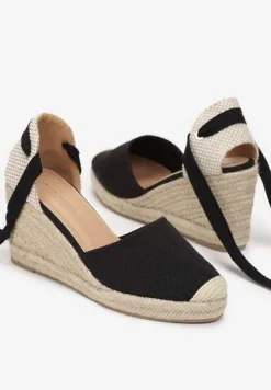 Czarne Wiązane Sandały Espadryle na Wysokim Koturnie z Plecionką Perselia