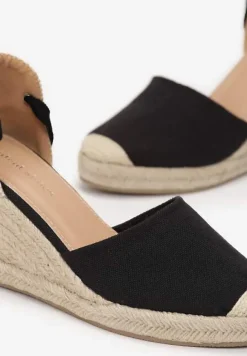 Czarne Wiązane Sandały Espadryle na Wysokim Koturnie z Plecionką Perselia
