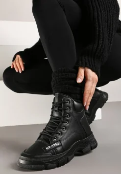 Czarne Wiązane Traperki na Grubej Podeszwie Mibraces