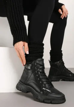 Czarne Wiązane Traperki na Grubej Podeszwie Mibraces