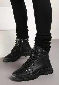 Czarne Wiązane Traperki na Grubej Podeszwie Mibraces