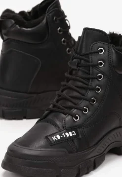 Czarne Wiązane Traperki na Grubej Podeszwie Mibraces