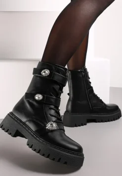 Czarne Workery Botki z Rzepami Ozdobione Klamerkami z Cyrkonami Sotina