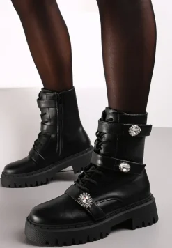 Czarne Workery Botki z Rzepami Ozdobione Klamerkami z Cyrkonami Sotina