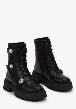 Czarne Workery Botki z Rzepami Ozdobione Klamerkami z Cyrkonami Sotina