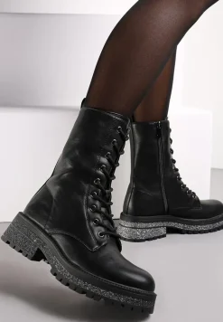 Czarne Workery Botki za Kostkę z Ozdobnym Brokatem Biortta