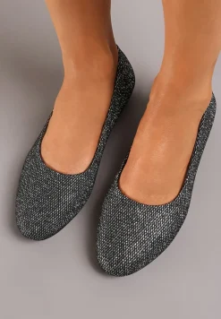 Czarne Wsuwane Balerinki Brokatowe na Płaskiej Podeszwie Claremarie