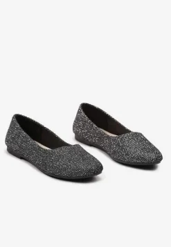 Czarne Wsuwane Balerinki Brokatowe na Płaskiej Podeszwie Claremarie