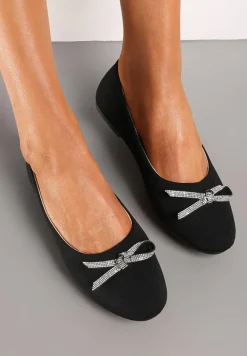 Czarne Wsuwane Balerinki na Płaskiej Podeszwie Ozdobione Kokardką i Cyrkoniami Pimenna