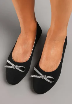 Czarne Wsuwane Balerinki na Płaskiej Podeszwie Ozdobione Kokardką i Cyrkoniami Pimenna