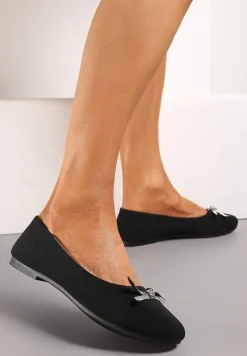 Czarne Wsuwane Balerinki na Płaskiej Podeszwie Ozdobione Kokardką i Cyrkoniami Pimenna
