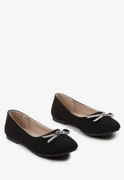 Czarne Wsuwane Balerinki na Płaskiej Podeszwie Ozdobione Kokardką i Cyrkoniami Pimenna