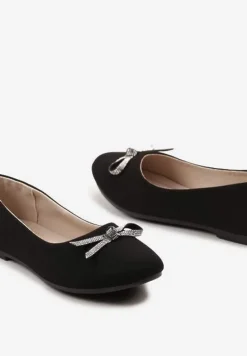 Czarne Wsuwane Balerinki na Płaskiej Podeszwie Ozdobione Kokardką i Cyrkoniami Pimenna