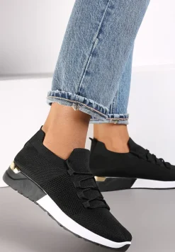 Czarne Wsuwane Buty Sportowe z Wiązaniem i Metaliczną Ozdobą Amun