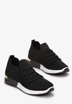 Czarne Wsuwane Buty Sportowe z Wiązaniem i Metaliczną Ozdobą Amun
