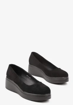 Czarne Wsuwane Czółenka z Imitacji Zamszu z Niskim Koturnem Ulanimess