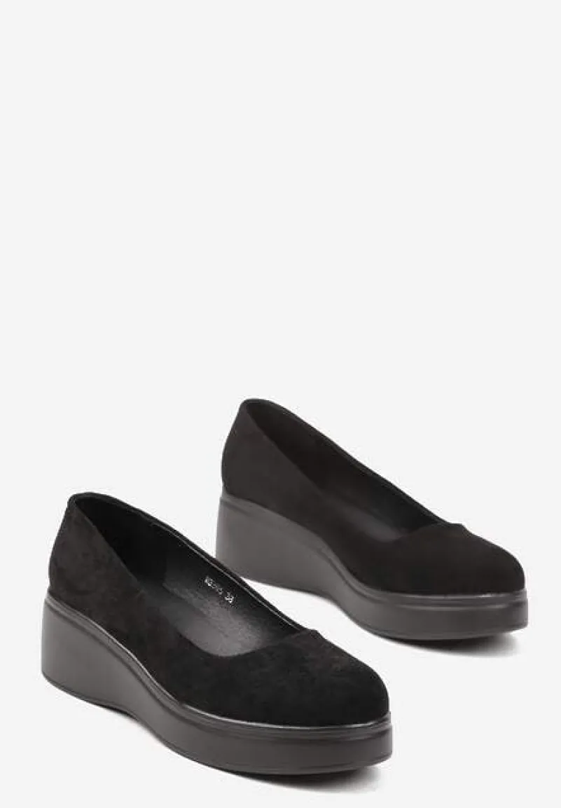 Czarne Wsuwane Czółenka z Imitacji Zamszu z Niskim Koturnem Ulanimess