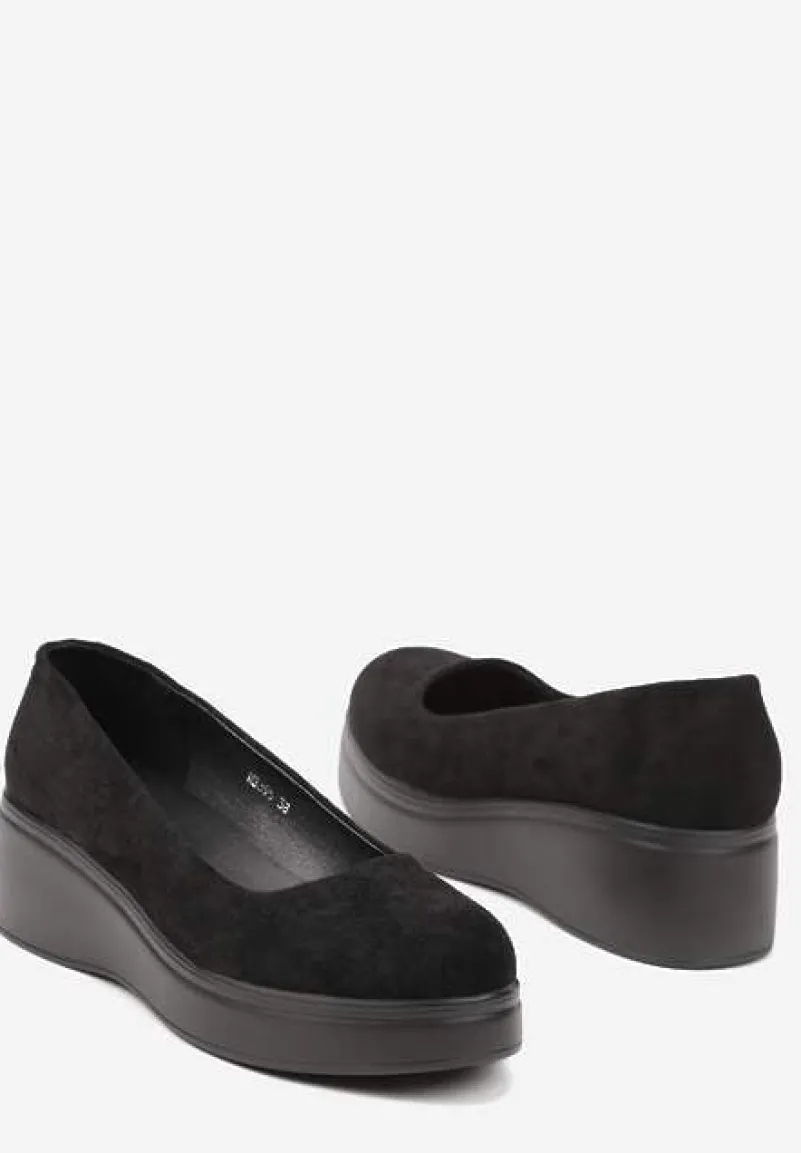 Czarne Wsuwane Czółenka z Imitacji Zamszu z Niskim Koturnem Ulanimess