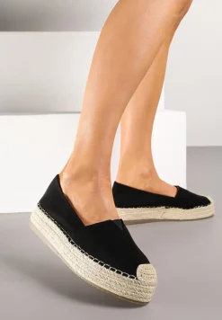 Czarne Wsuwane Espadryle na Grubej Podeszwie z Jutowej Plecionki Alarnia