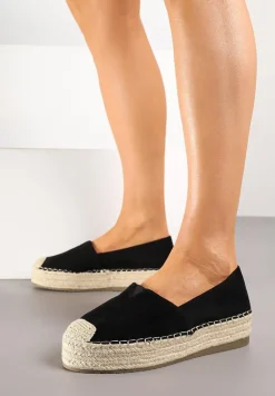 Czarne Wsuwane Espadryle na Grubej Podeszwie z Jutowej Plecionki Alarnia