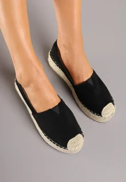 Czarne Wsuwane Espadryle na Grubej Podeszwie z Jutowej Plecionki Alarnia