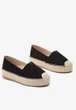 Czarne Wsuwane Espadryle na Grubej Podeszwie z Jutowej Plecionki Alarnia
