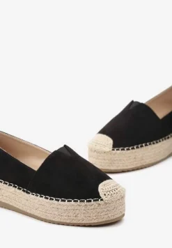 Czarne Wsuwane Espadryle na Grubej Podeszwie z Jutowej Plecionki Alarnia
