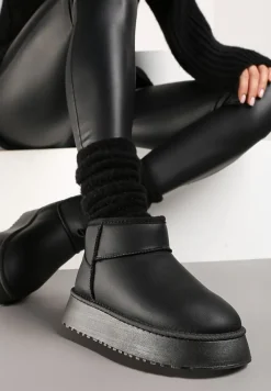 Czarne Wsuwane Gładkie Śniegowce Casualowe na Grubej Podeszwie Tinaretia