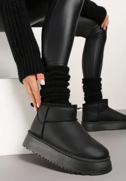 Czarne Wsuwane Gładkie Śniegowce Casualowe na Grubej Podeszwie Tinaretia