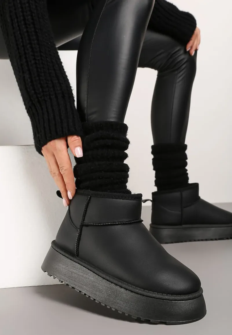 Czarne Wsuwane Gładkie Śniegowce Casualowe na Grubej Podeszwie Tinaretia