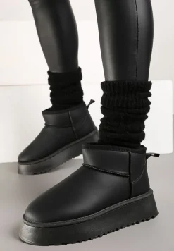 Czarne Wsuwane Gładkie Śniegowce Casualowe na Grubej Podeszwie Tinaretia