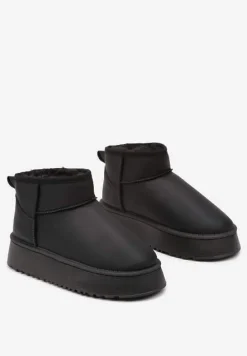 Czarne Wsuwane Gładkie Śniegowce Casualowe na Grubej Podeszwie Tinaretia