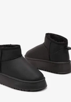 Czarne Wsuwane Gładkie Śniegowce Casualowe na Grubej Podeszwie Tinaretia