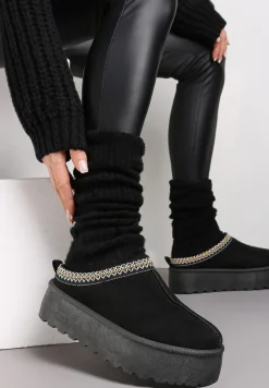 Czarne Wsuwane Kapcie na Platformie z Ozdobną Lamówką i Przeszyciami Jolieri