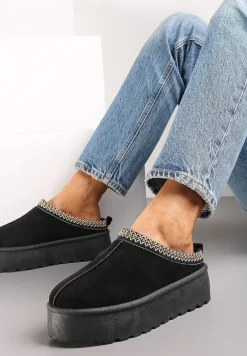 Czarne Wsuwane Kapcie na Platformie z Ozdobną Lamówką i Przeszyciami Jolieri