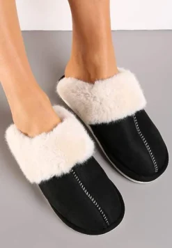 Czarne Wsuwane Kapcie Ozdobione Futerkiem i Przeszyciami Almane