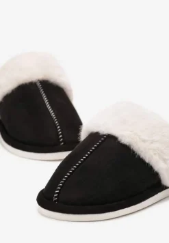 Czarne Wsuwane Kapcie Ozdobione Futerkiem i Przeszyciami Almane