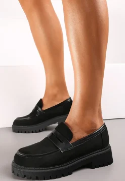 Czarne Wsuwane Klasyczne Mokasyny na Grubej Żłobionej Podeszwie Klimme