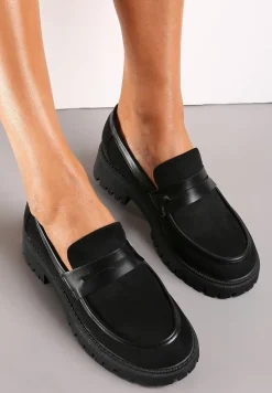 Czarne Wsuwane Klasyczne Mokasyny na Grubej Żłobionej Podeszwie Klimme