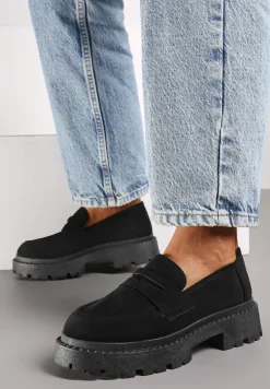 Czarne Wsuwane Mokasyny na Płaskiej Grubej Podeszwie z Wkładką z Ekoskóry Dionela