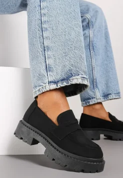 Czarne Wsuwane Mokasyny na Płaskiej Grubej Podeszwie z Wkładką z Ekoskóry Dionela